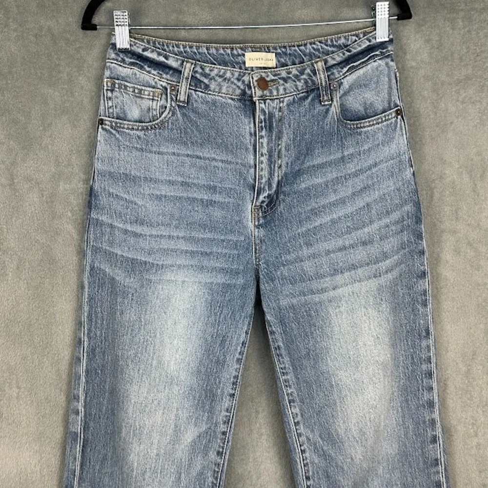 Oliver Logan Jeans Womens 28 Blue Raw Hem Medium Wash Stretch Wide Leg Pockets